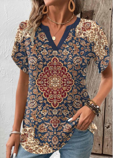 women clothes image of Multi Color Split Tribal Print Short Sleeve T Shirt