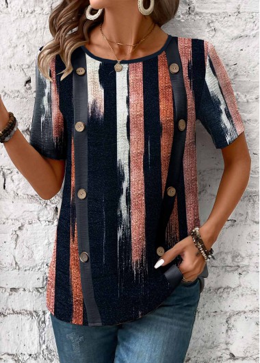 women clothes image of Navy Button Multi Stripe Print Short Sleeve T Shirt