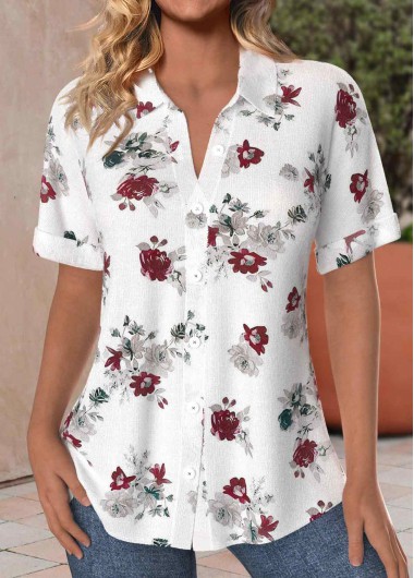 women clothes image of White Button Floral Print Short Sleeve Shirt Collar Blouse