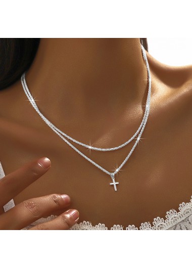 women clothes image of Silvery White Cross Alloy Layered Necklace Set