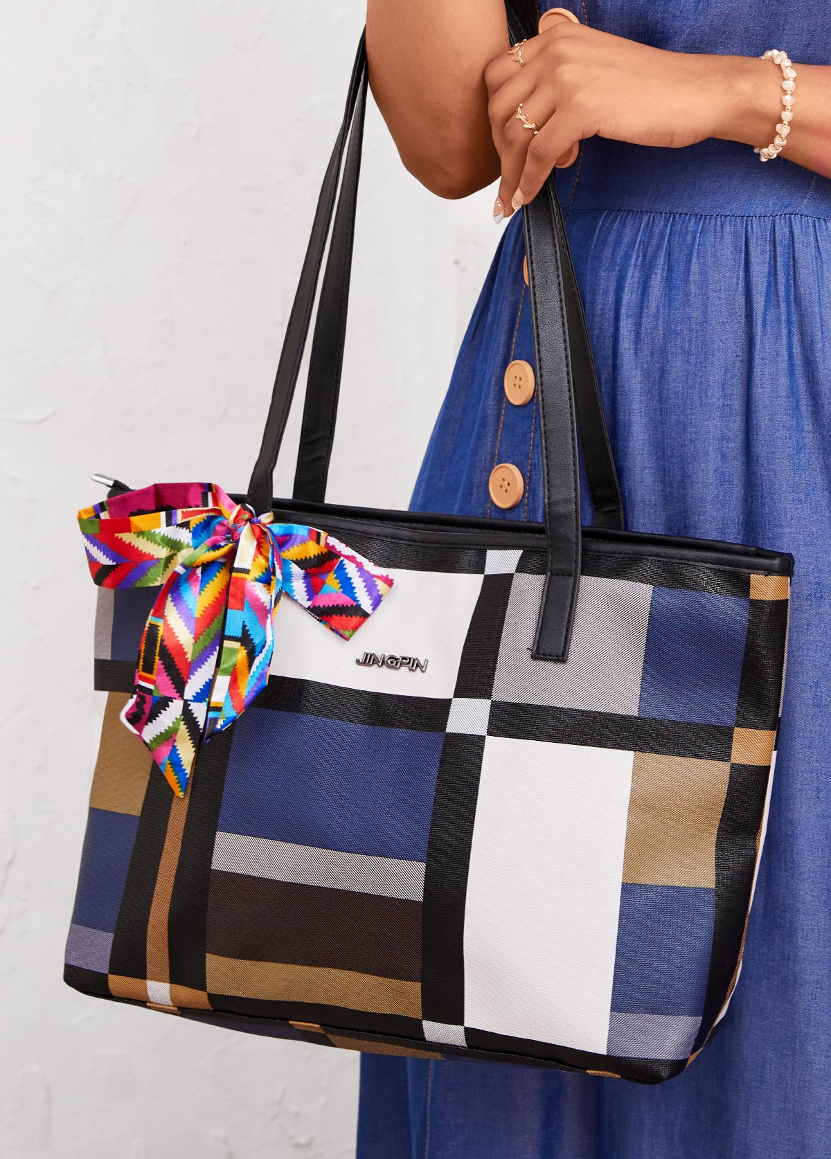 Ribbon Detail Color Block Plaid Tote Bag