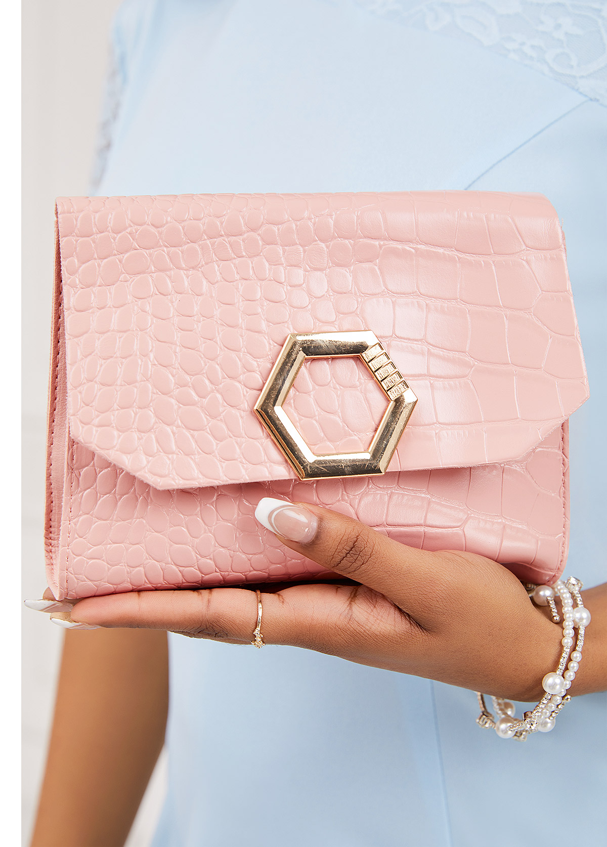 Geometric Pattern Pink Magnetic Shoulder Bag