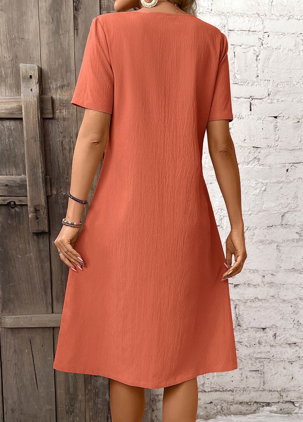 Brick Red Pocket A Line Short Sleeve Dress | picture 