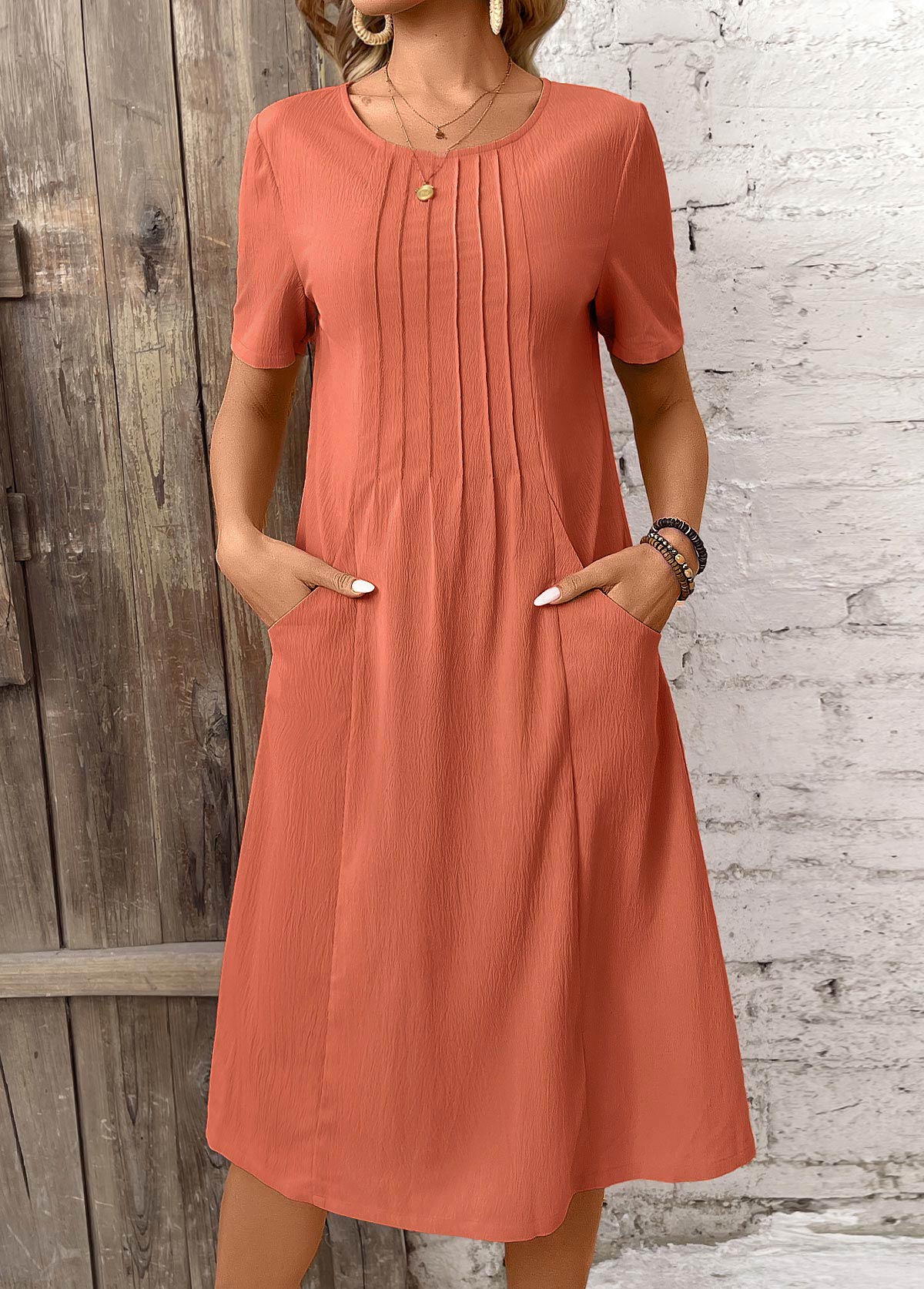 Brick Red Pocket A Line Short Sleeve Dress | picture 