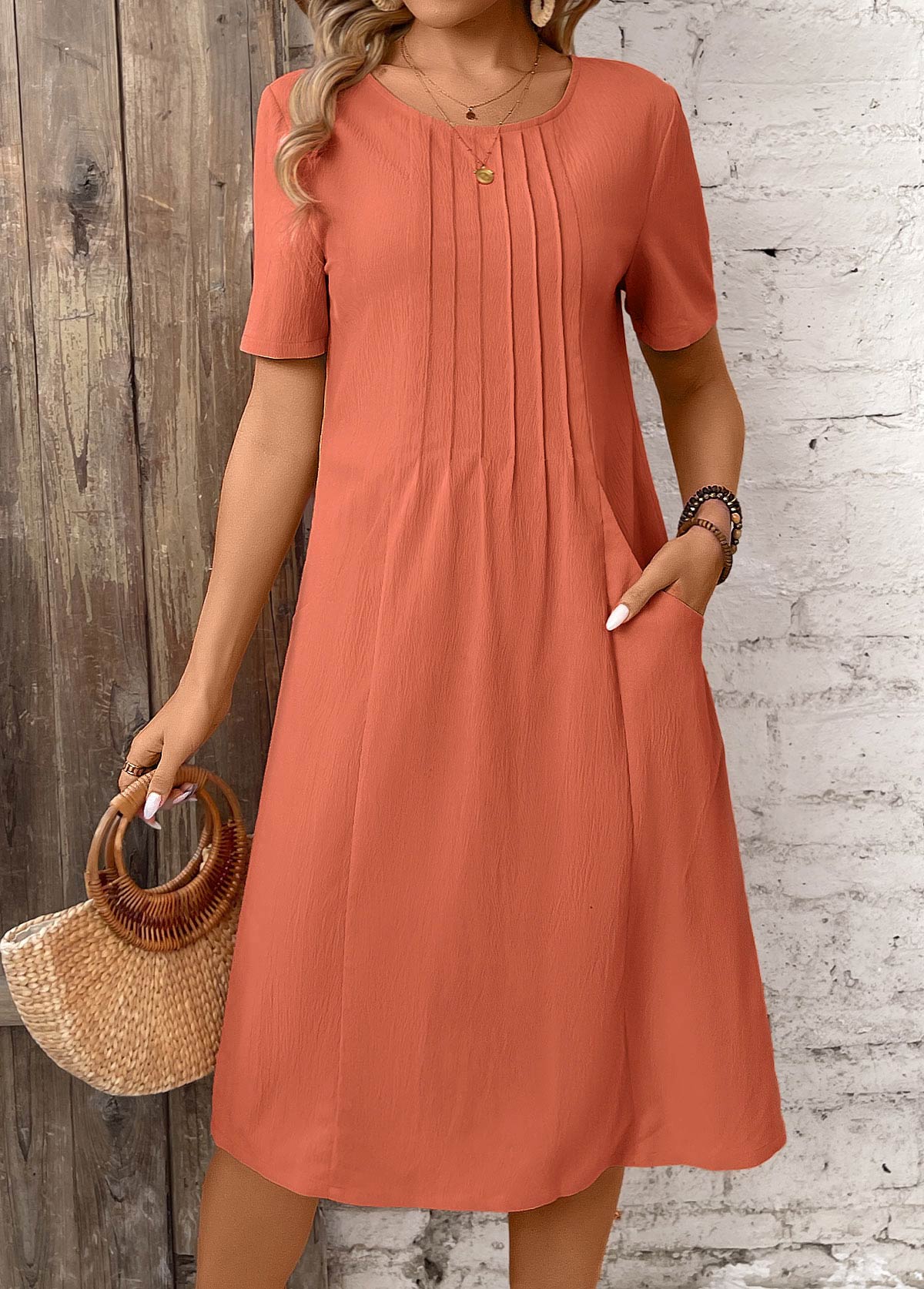 Brick Red Pocket A Line Short Sleeve Dress | picture 