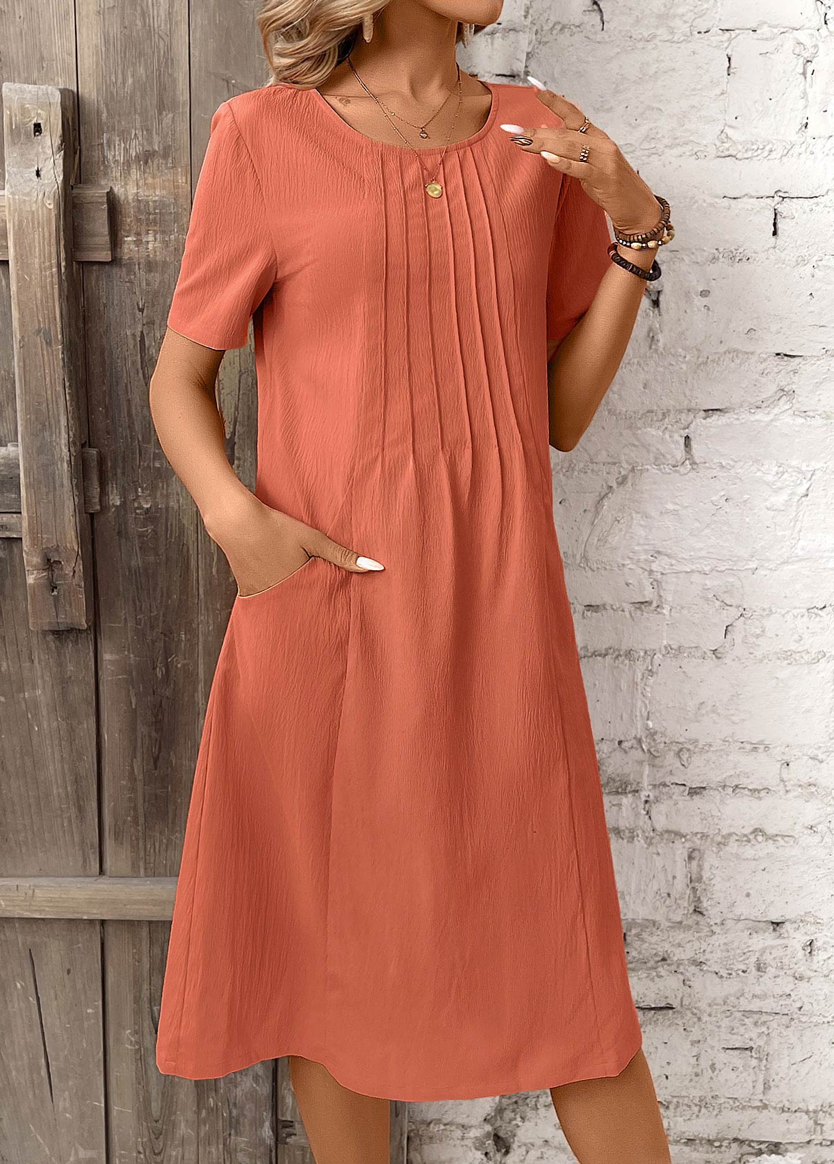 Brick Red Pocket A Line Short Sleeve Dress | picture 