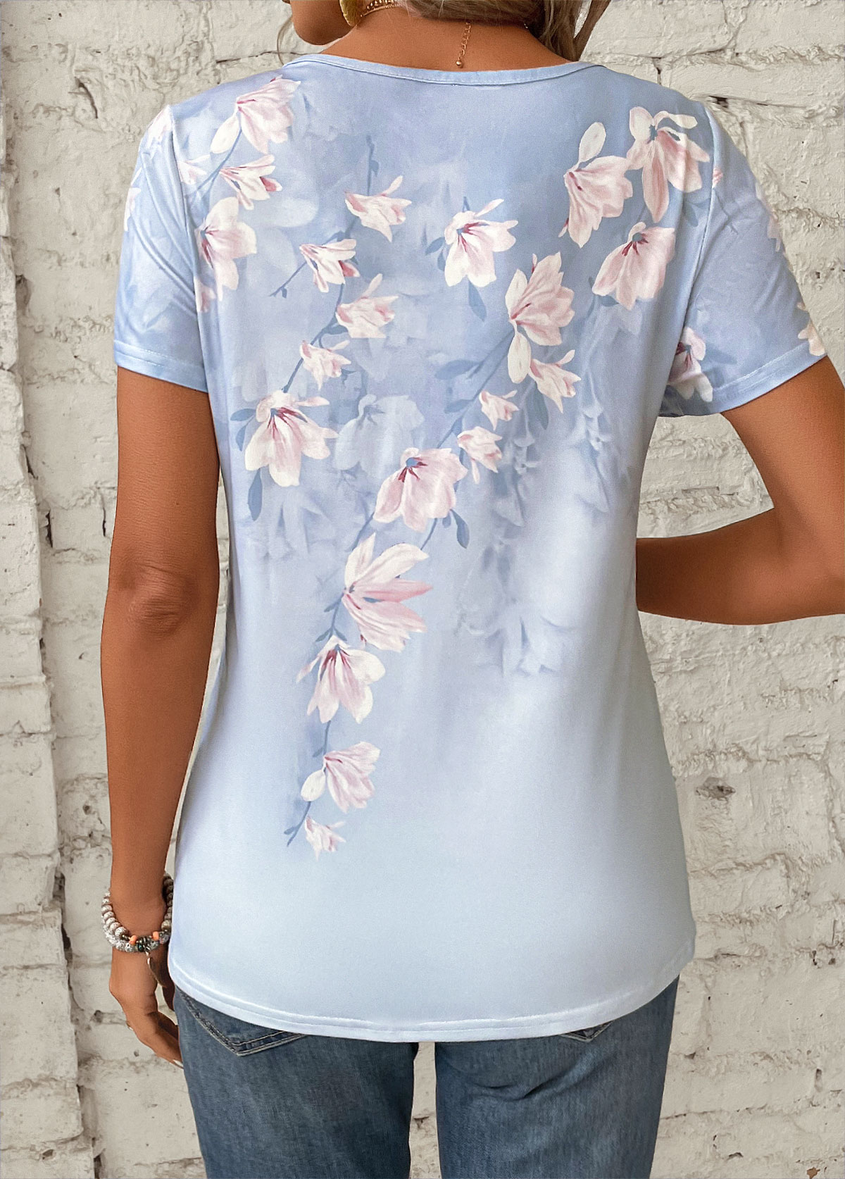 Light Blue Asymmetry Floral Print Short Sleeve T Shirt