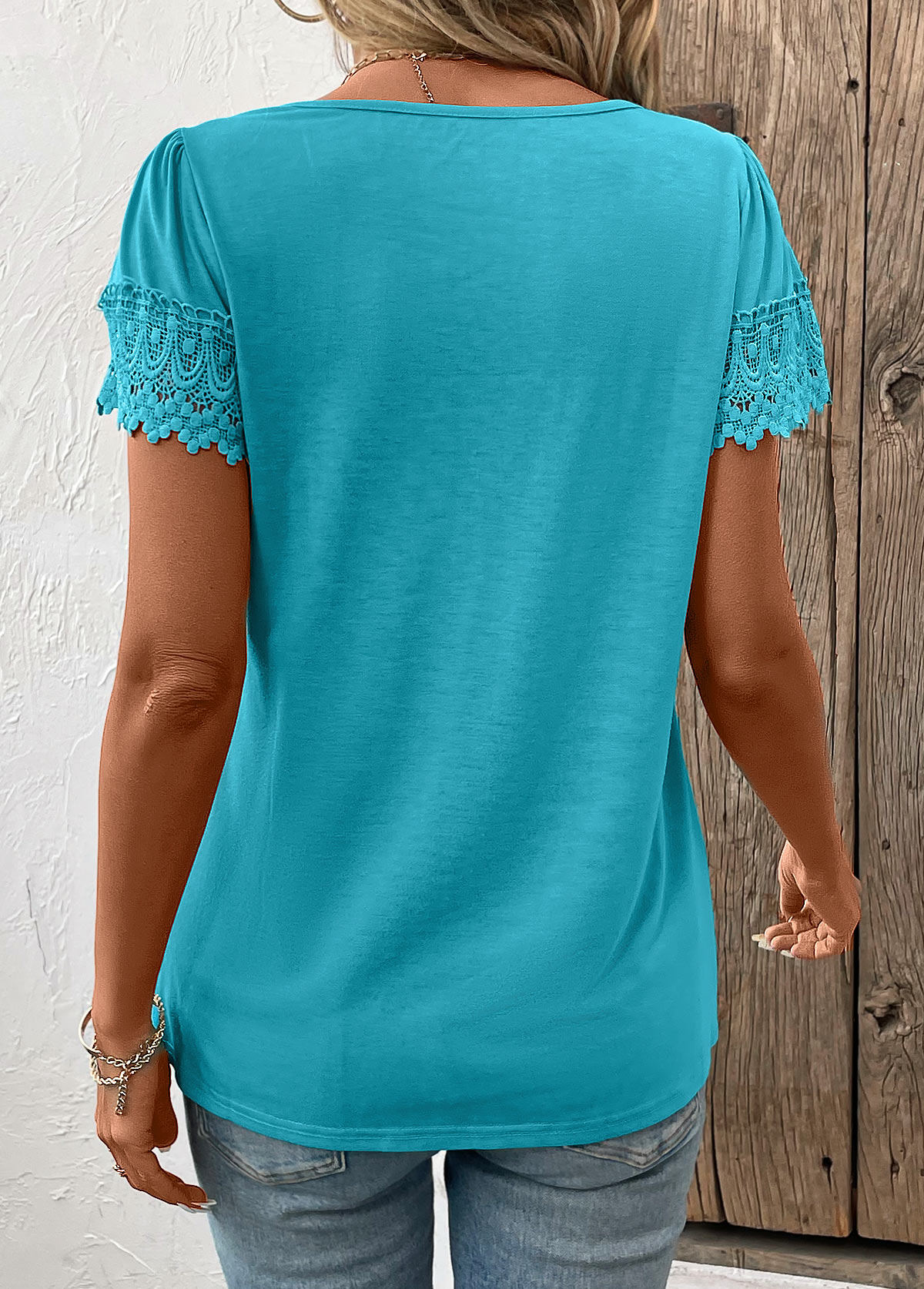 Peacock Blue Patchwork Short Sleeve Square Neck T Shirt