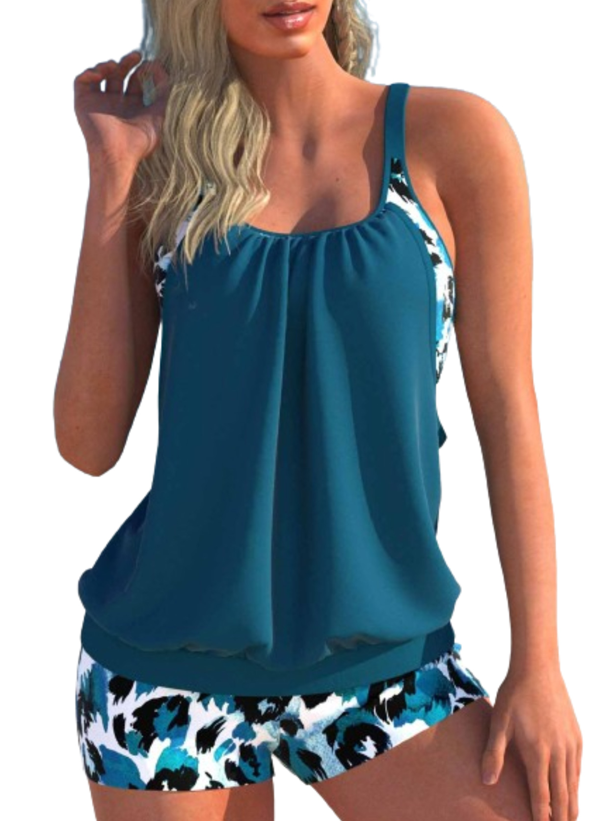 Fake 2in1 Leopard Peacock Blue Tankini Set | picture 