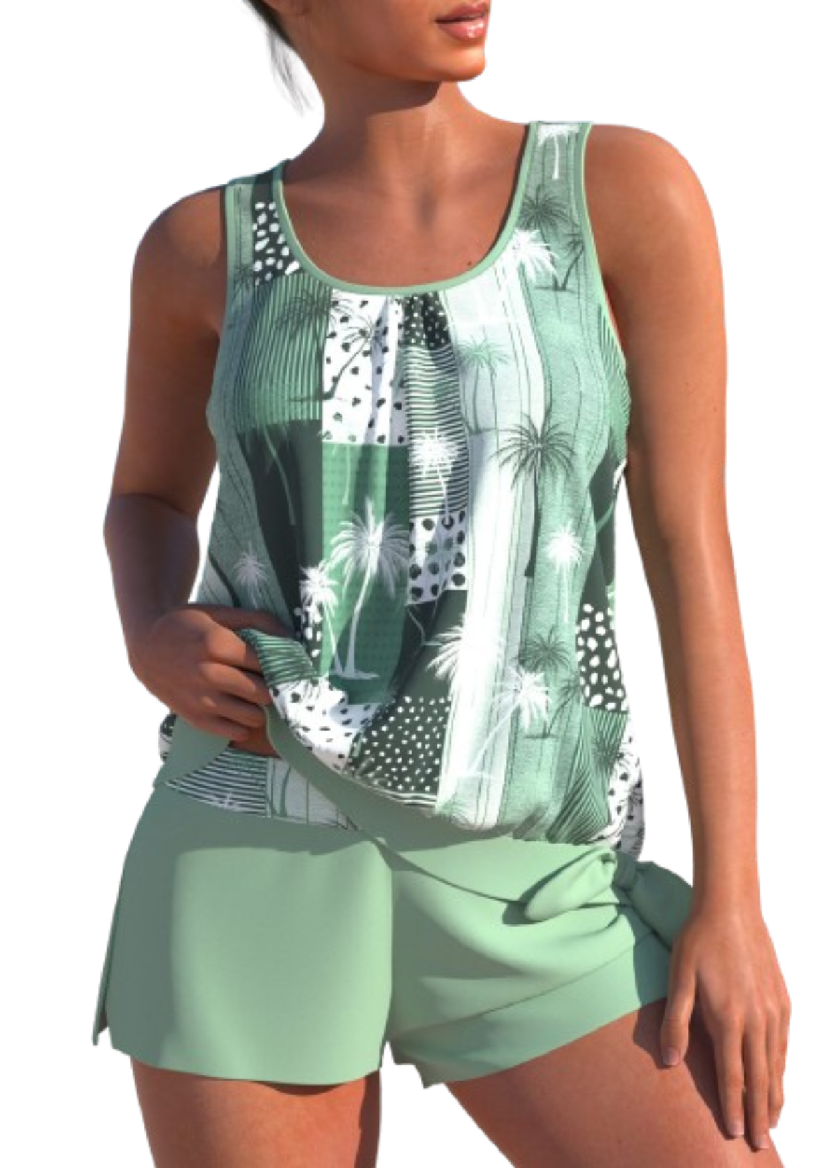 Tie Geometric Print Sage Green Tankini Set | picture 