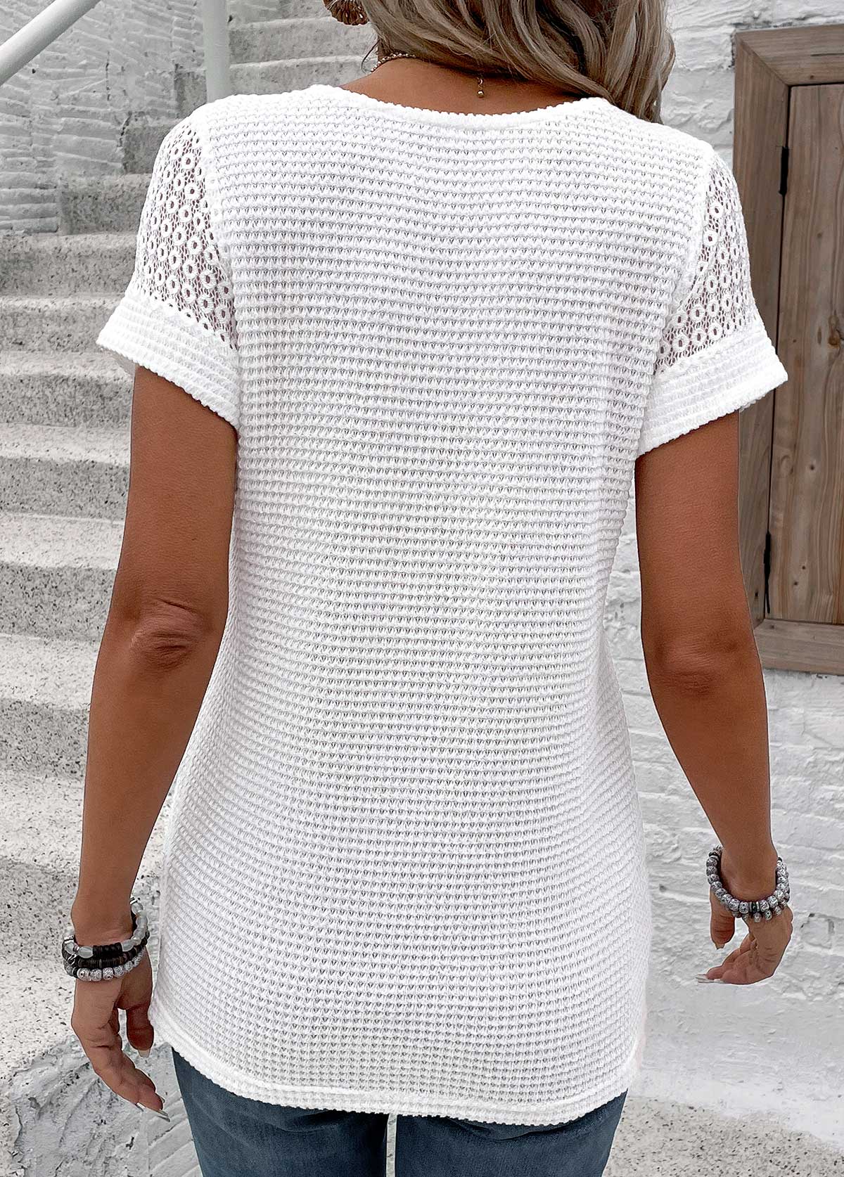 White Patchwork Short Sleeve V Neck T Shirt