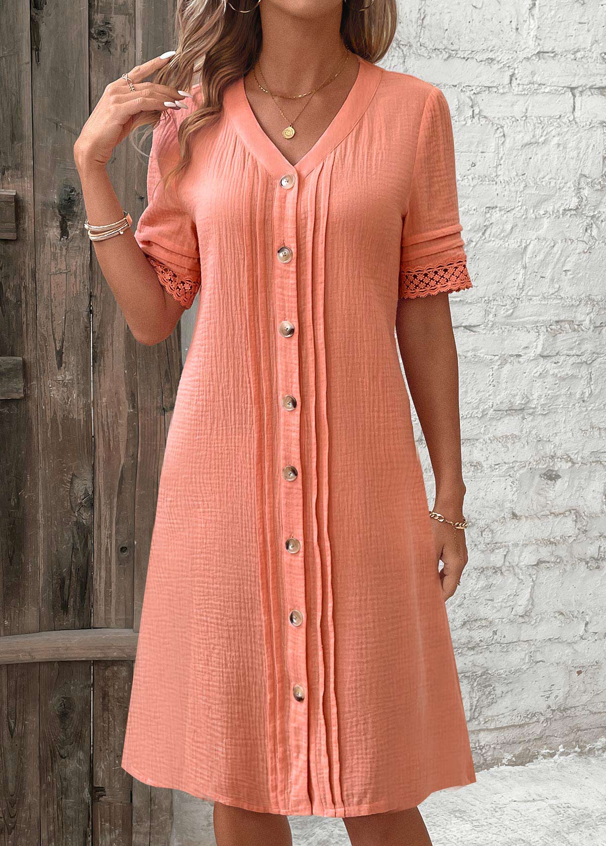 Dusty Pink Button A Line Short Sleeve Dress  Knee Length Casual Summer  Dress