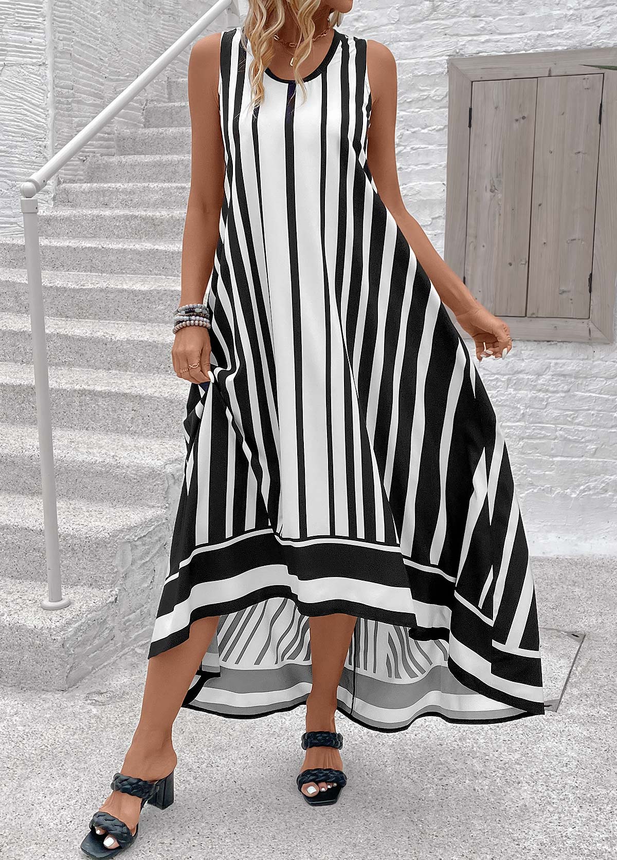 Black Breathable Striped High Low A Line Sleeveless Dress