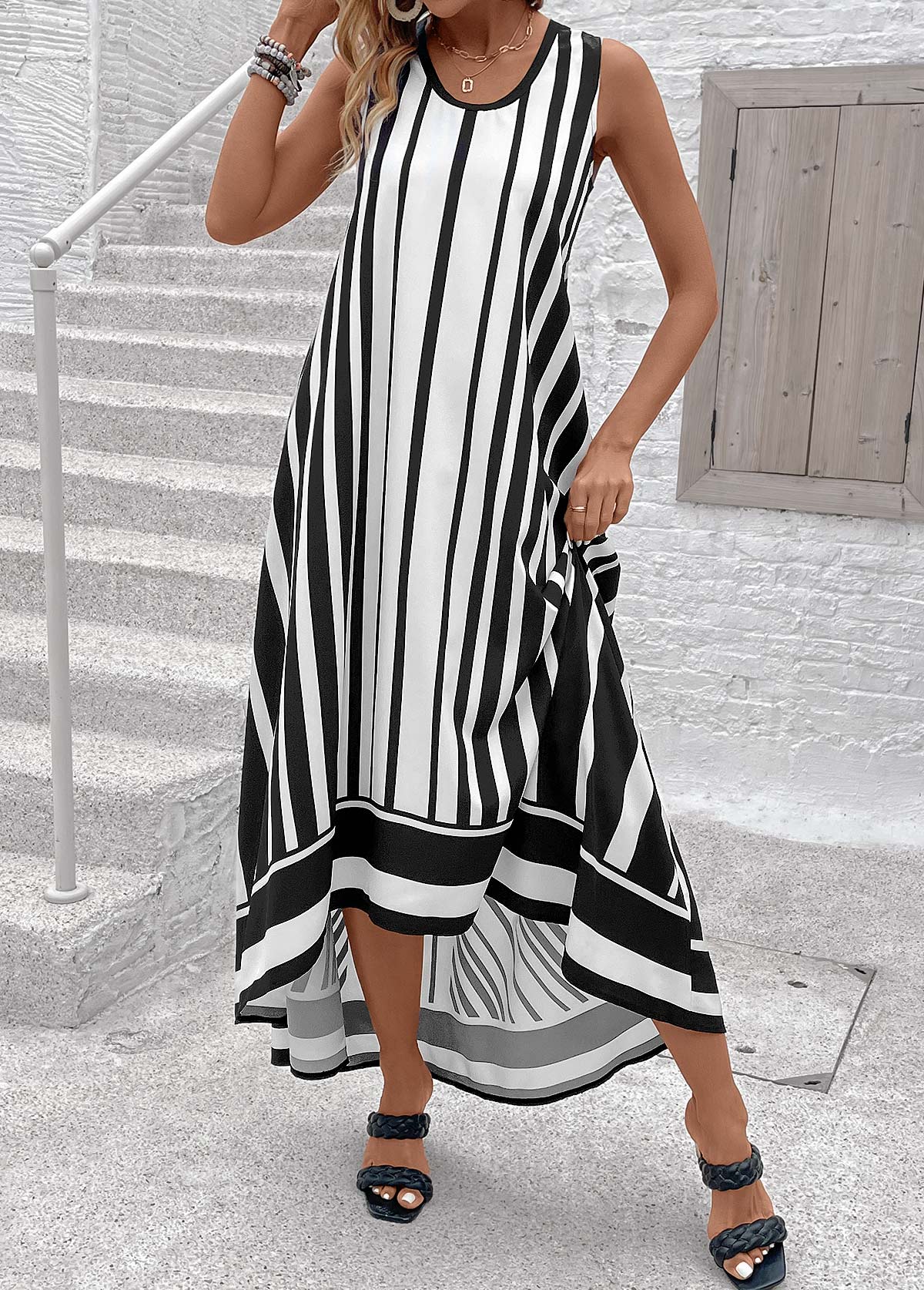Black Breathable Striped High Low A Line Sleeveless Dress