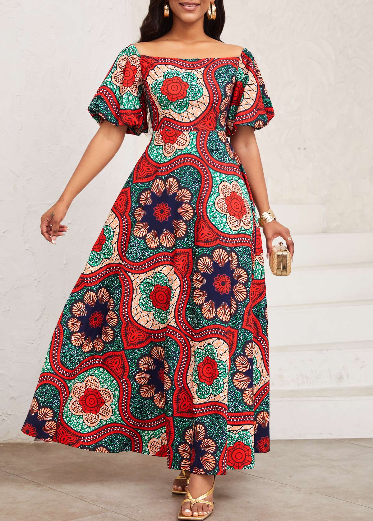Multi Color Patchwork Tribal Print Maxi Short Sleeve Dress