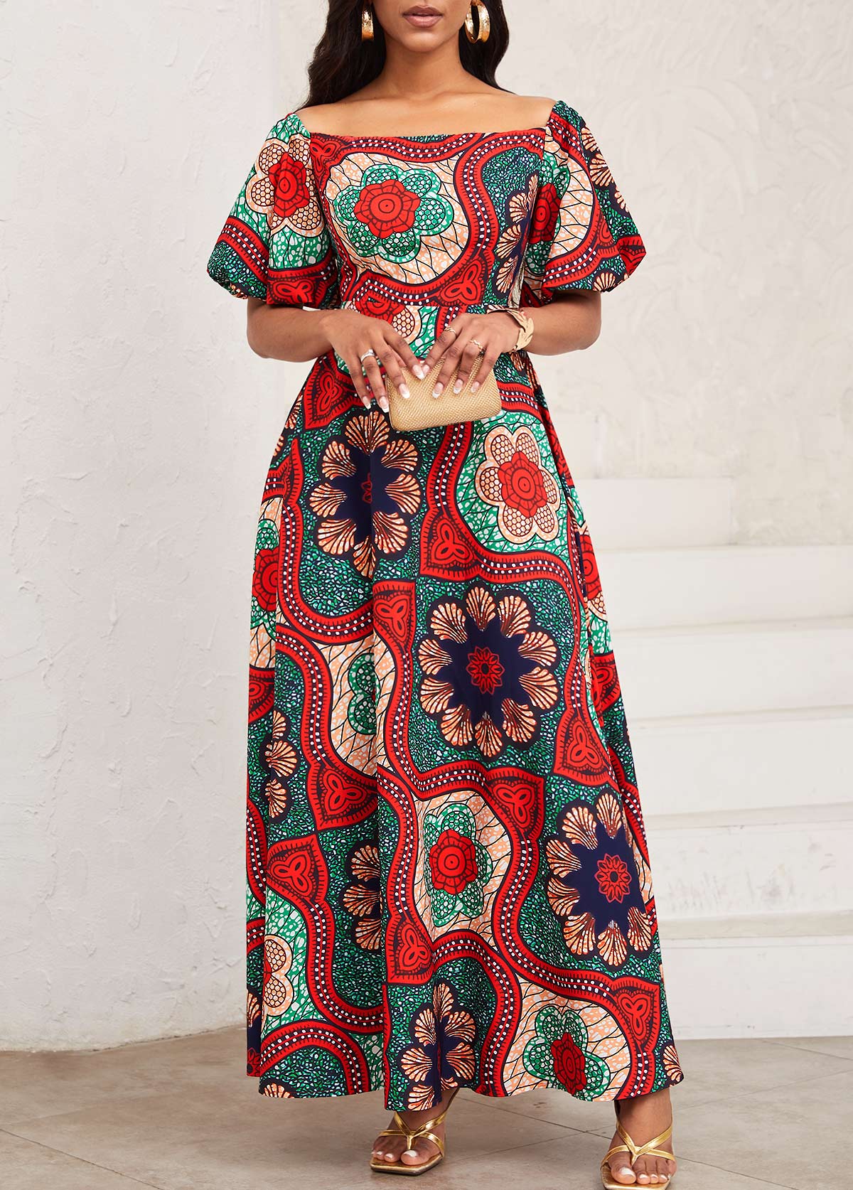 Multi Color Patchwork Tribal Print Maxi Short Sleeve Dress
