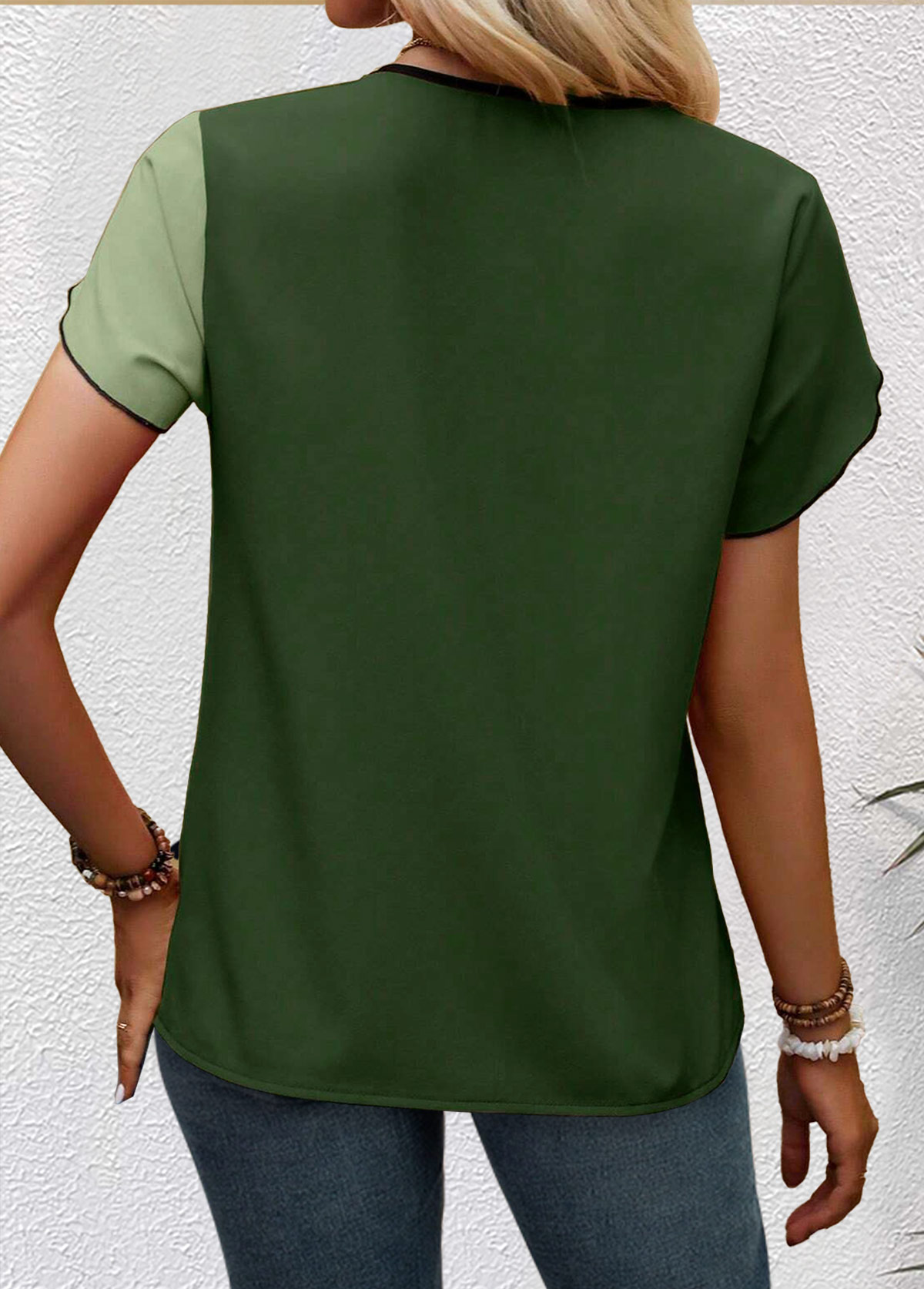 Green Patchwork Short Sleeve V Neck Blouse