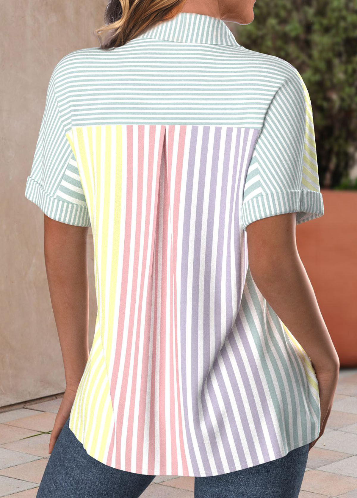 Multi Color Button Striped Short Sleeve Shirt Collar Blouse