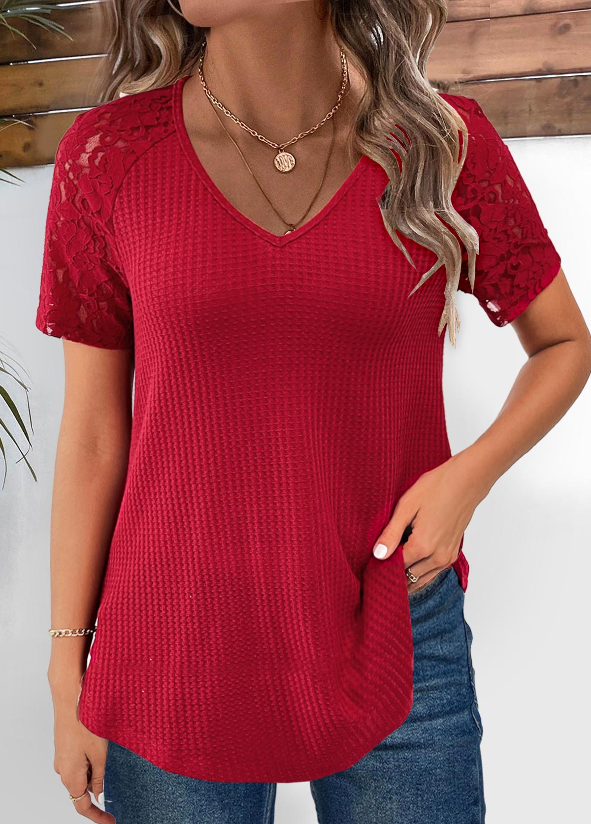 Wine Red Lace Short Sleeve V Neck T Shirt | picture 