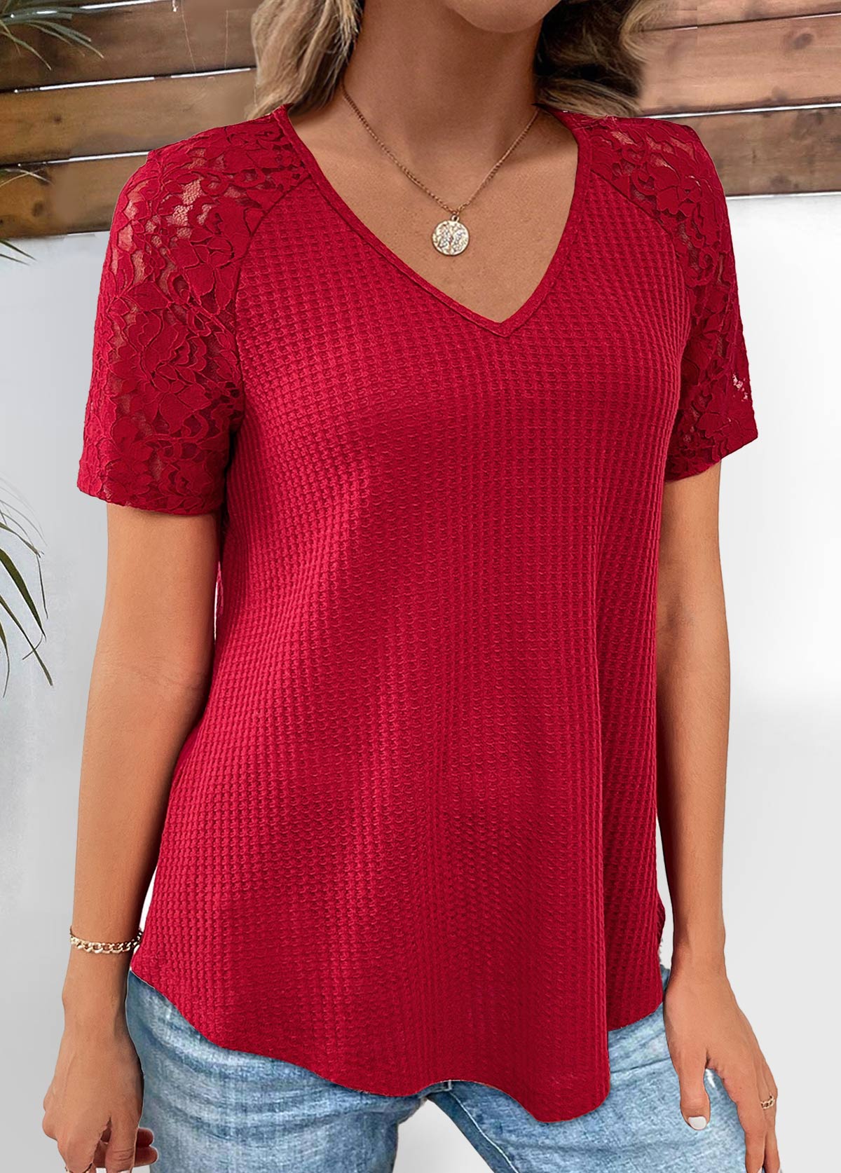 Wine Red Lace Short Sleeve V Neck T Shirt | picture 