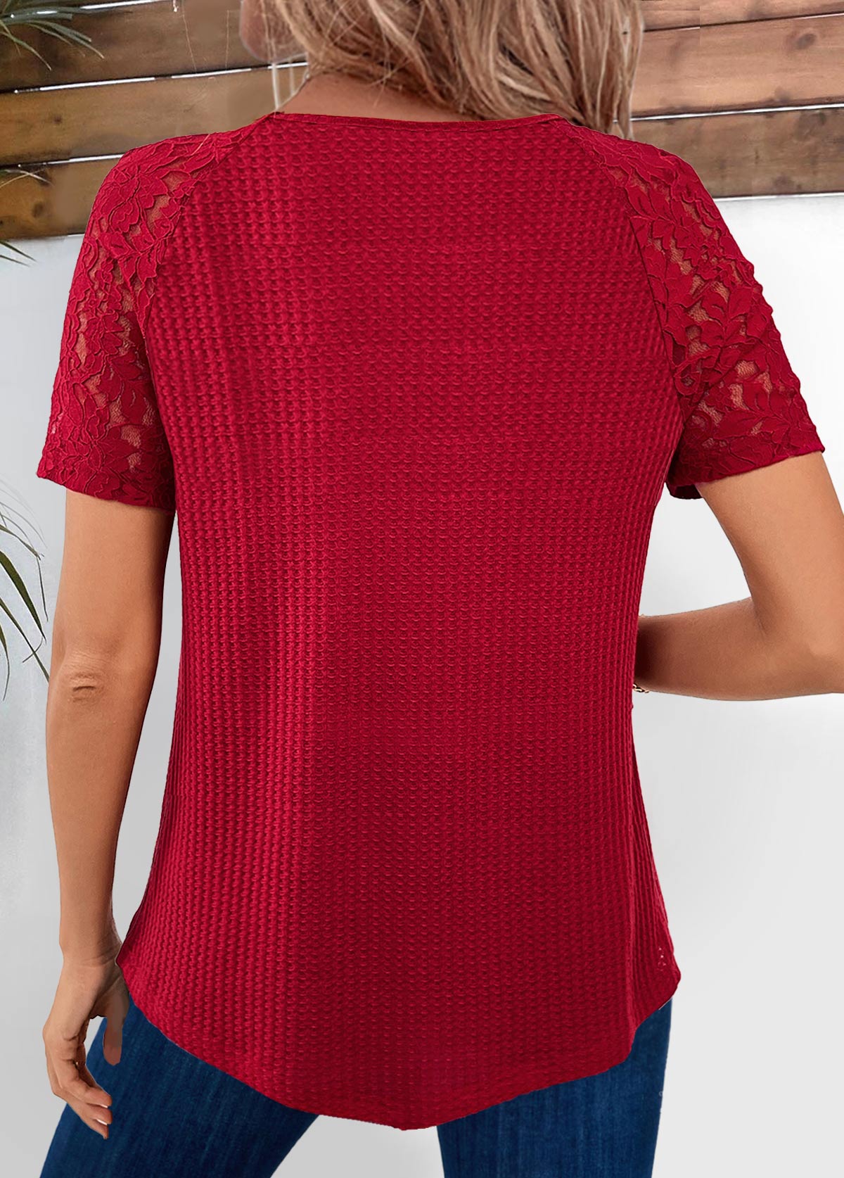 Wine Red Lace Short Sleeve V Neck T Shirt | picture 