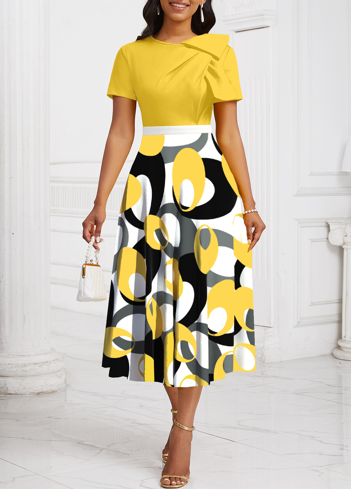 Yellow Patchwork Geometric Print Short Sleeve Round Neck Dress