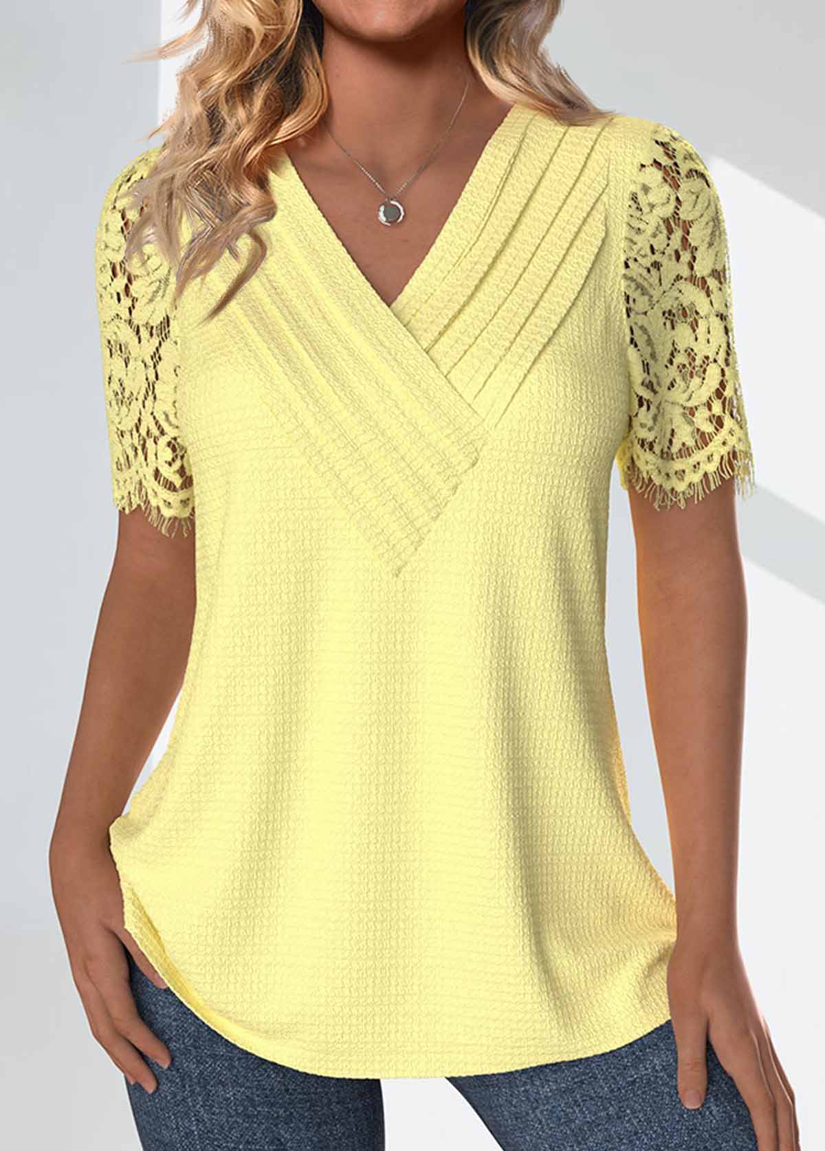Light Yellow Lace Short Sleeve V Neck T Shirt