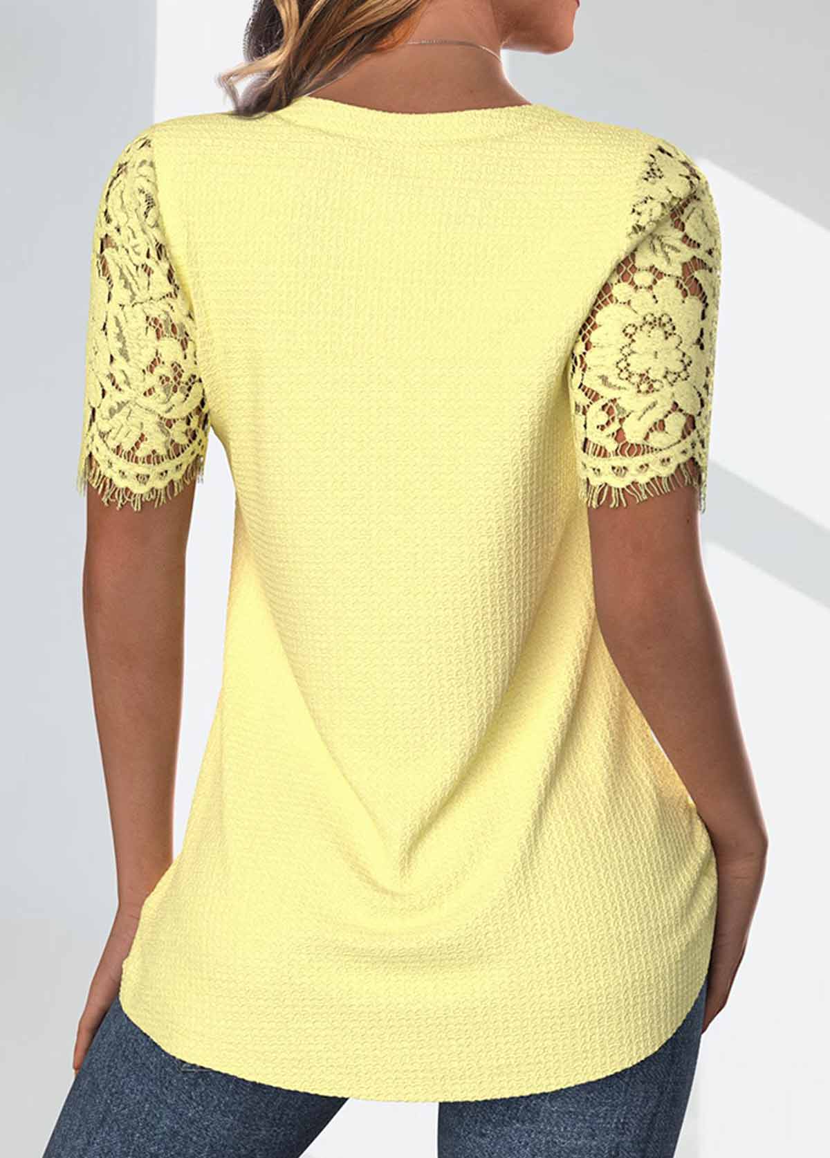 Light Yellow Lace Short Sleeve V Neck T Shirt
