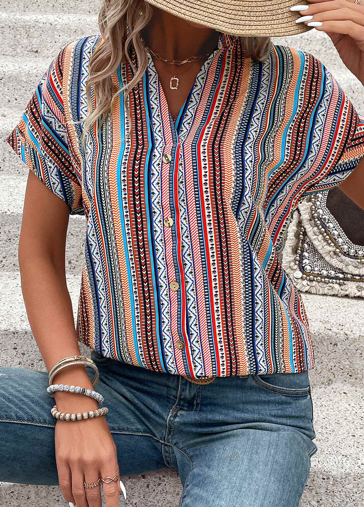 Multi Color Button Tribal Print Short Sleeve Blouse | picture 