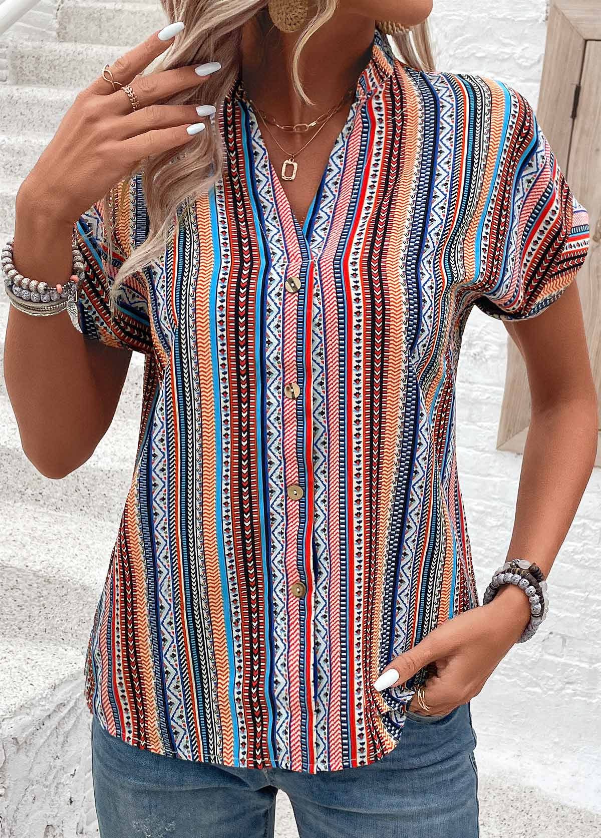 Multi Color Button Tribal Print Short Sleeve Blouse | picture 