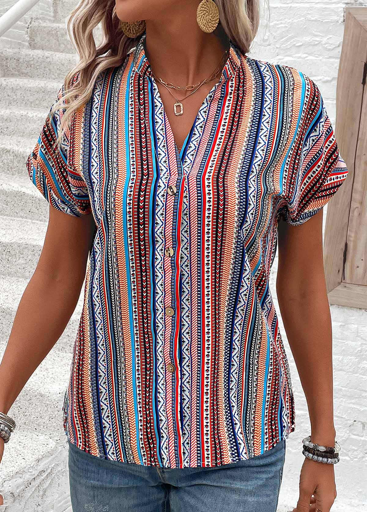 Multi Color Button Tribal Print Short Sleeve Blouse | picture 