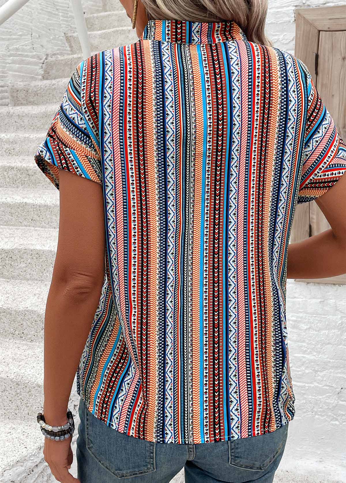Multi Color Button Tribal Print Short Sleeve Blouse | picture 