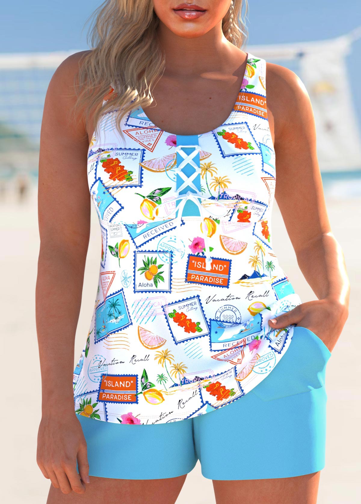 Lace Up Letter Print Cyan Tankini Set | picture 