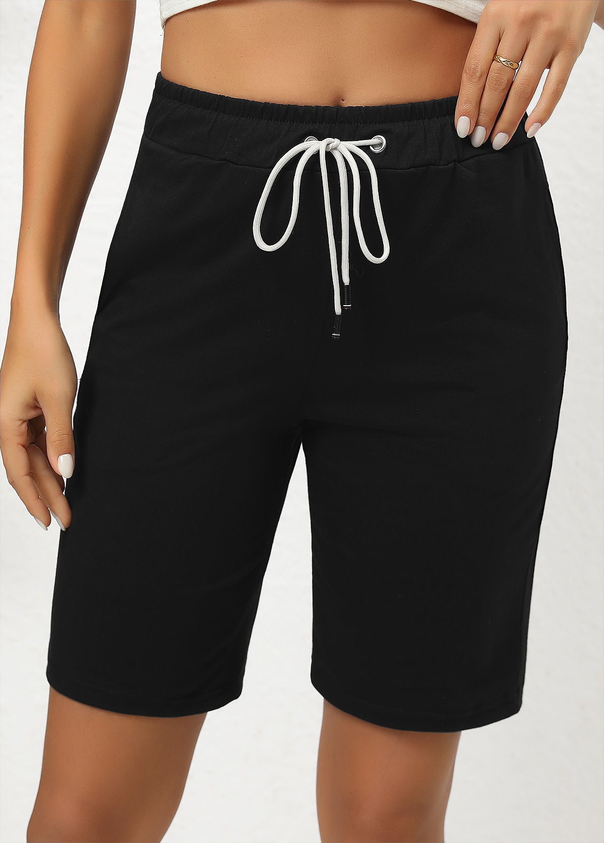 Black Pocket Elastic Waist High Waisted Shorts