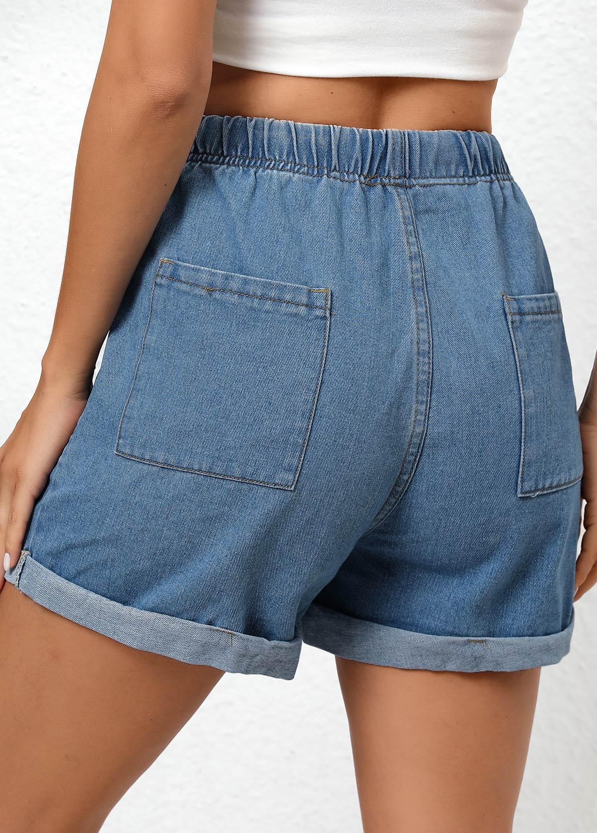 Denim Blue Double Side Pockets Regular Elastic Waist Shorts