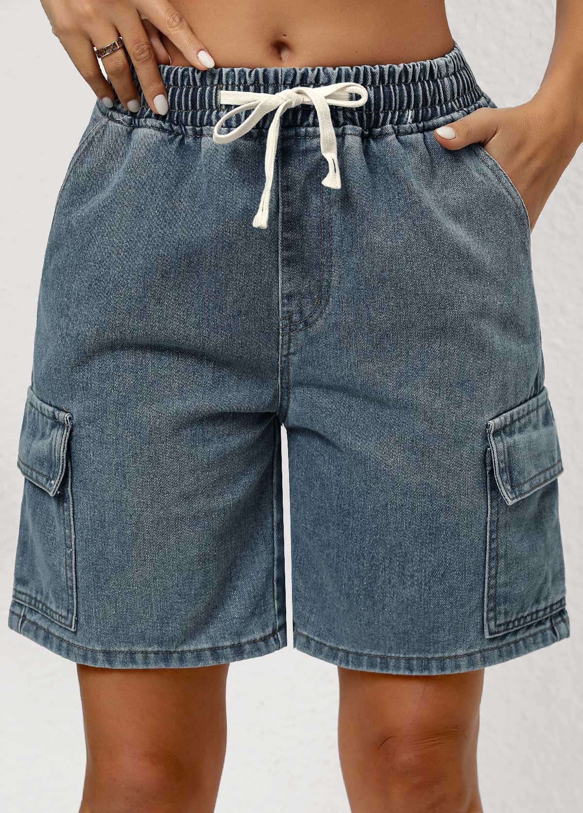 Denim Blue Pocket Elastic Waist Mid Waisted Shorts