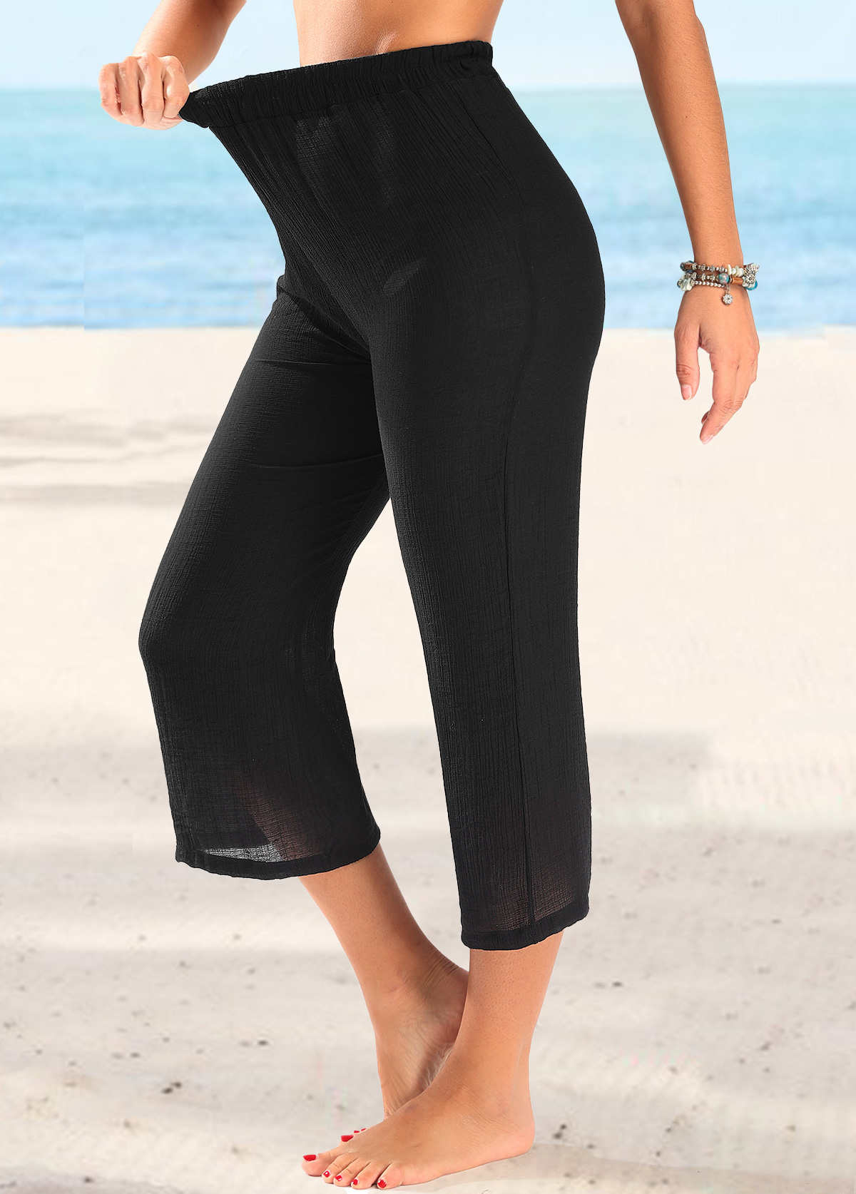Lightweight Elastic Waist Black 3/4 Capri Pants