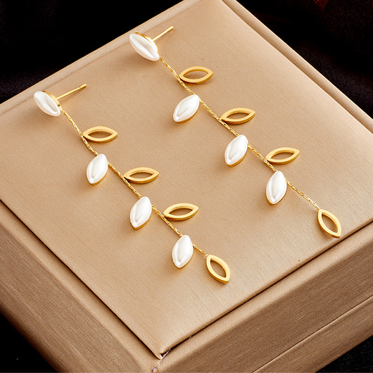 Gold Leaf Hollow Geometric Pearl Earrings