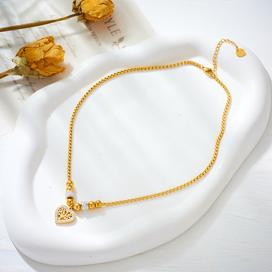 Gold Tree Heart Beaded Pendant Necklace