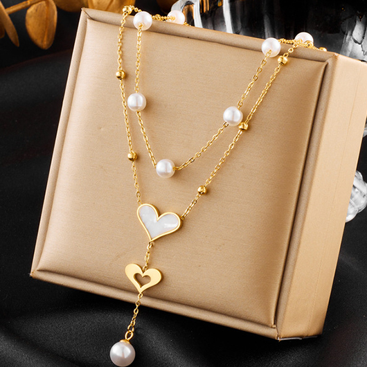 Gold Heart Alloy Layered Pearl Necklace