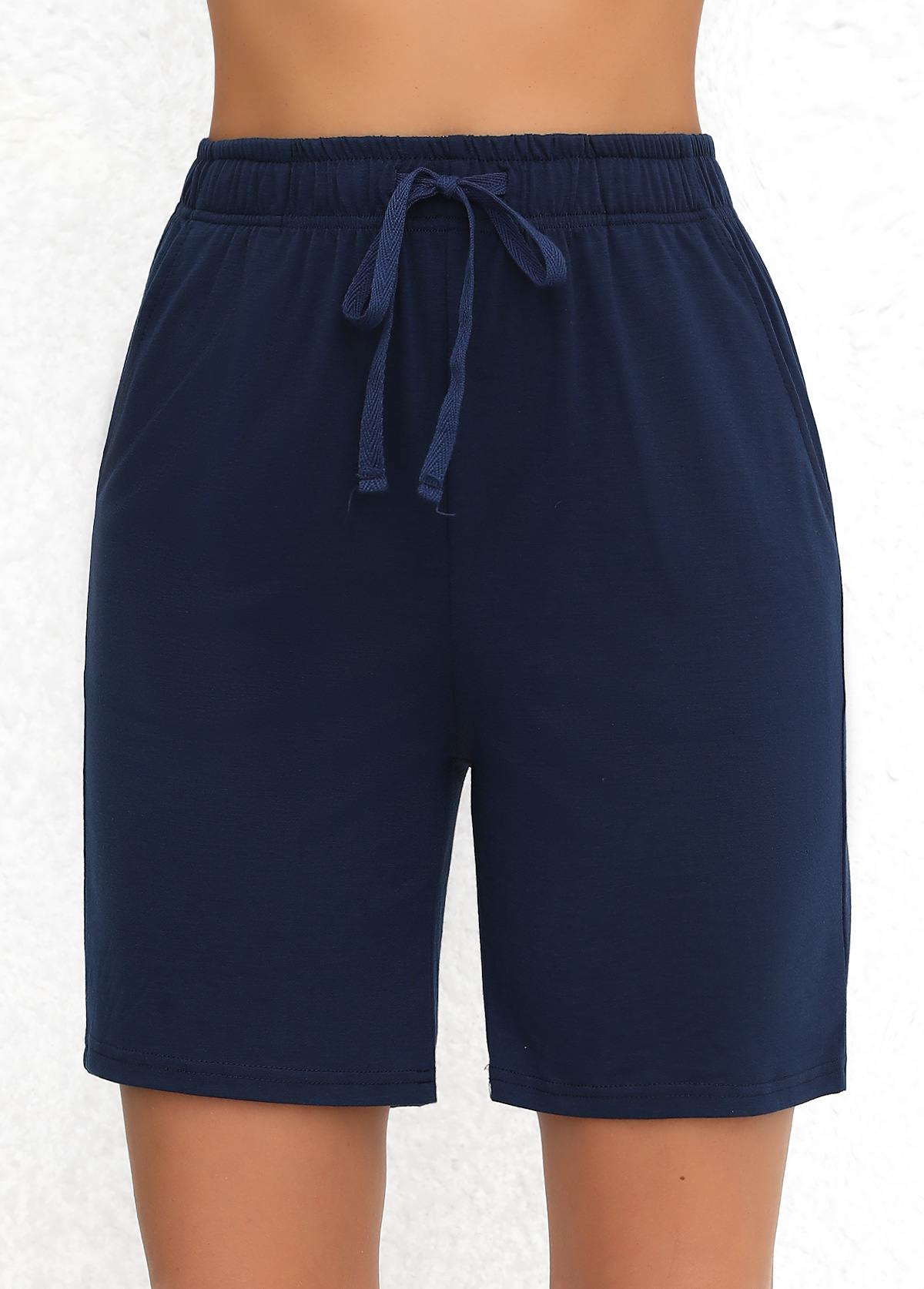 Navy Double Side Pockets Elastic Waist High Waisted Shorts