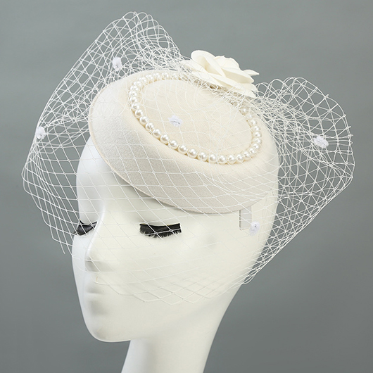 Beige Mesh Floral Design Round Pearl Hat