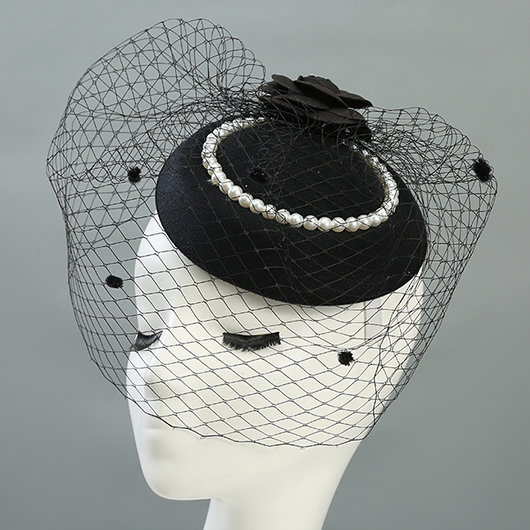 Black Mesh Floral Design Round Pearl Hat