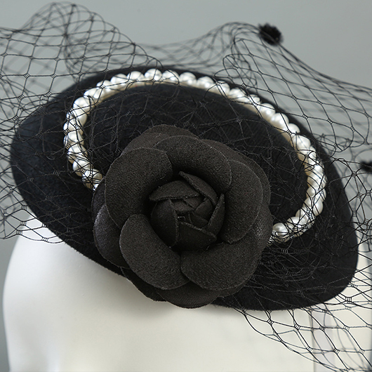 Black Mesh Floral Design Round Pearl Hat