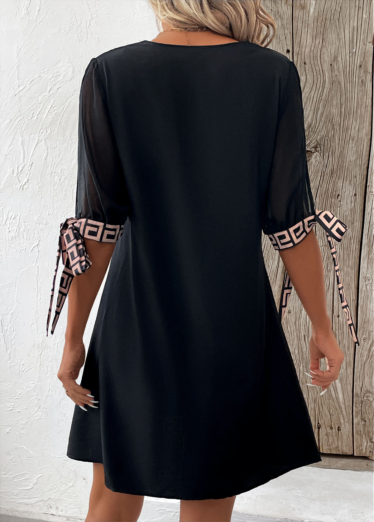 Black Tie Geometric Print Short A Line Dress