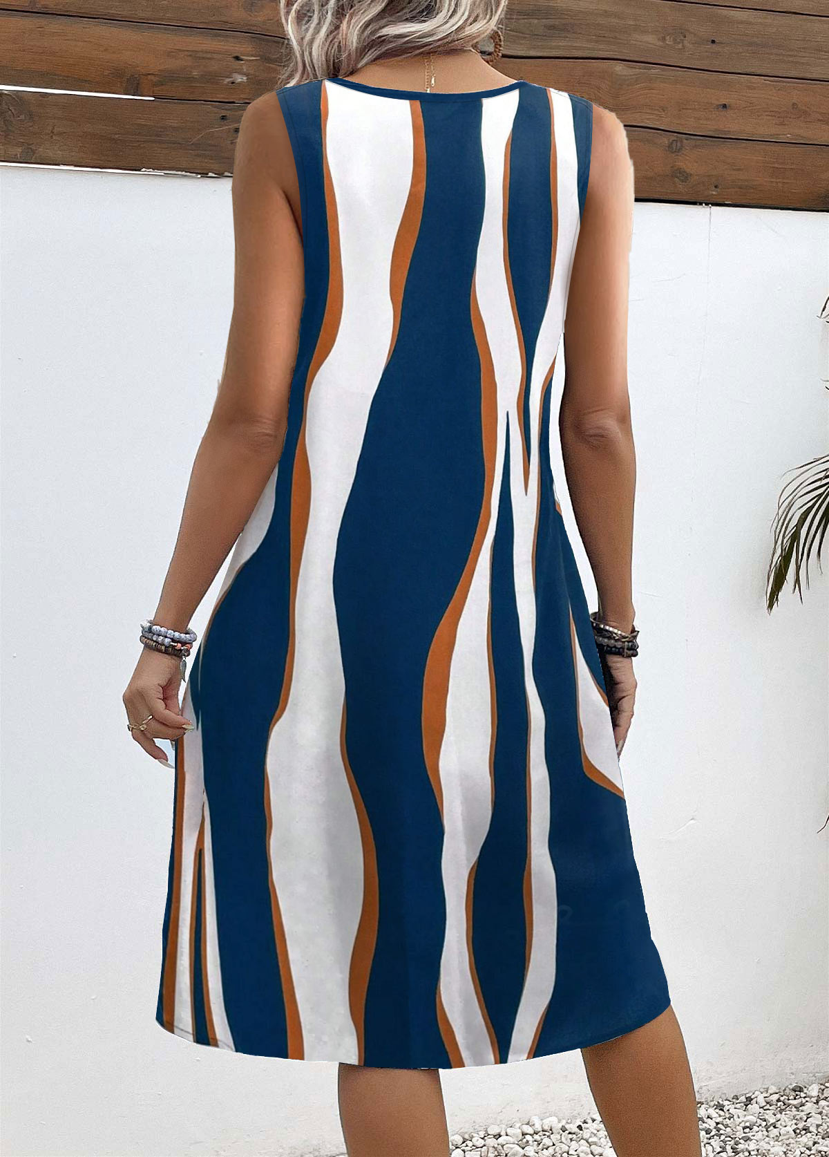 Peacock Blue Pocket Wave Pattern Print A Line Dress