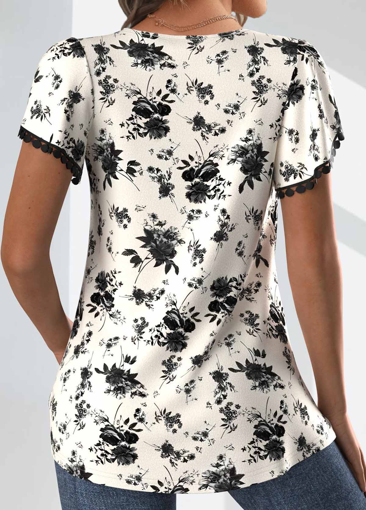 Black Ruched Random Floral Print Short Sleeve T Shirt | picture 