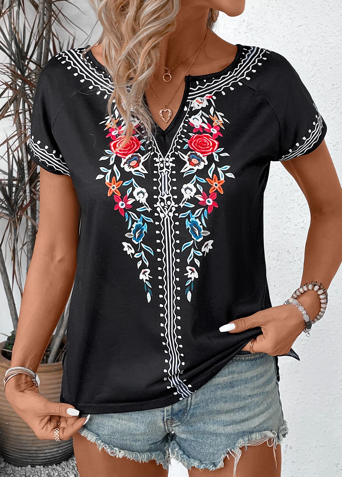 Black Floral Print Short Sleeve Split Neck T Shirt