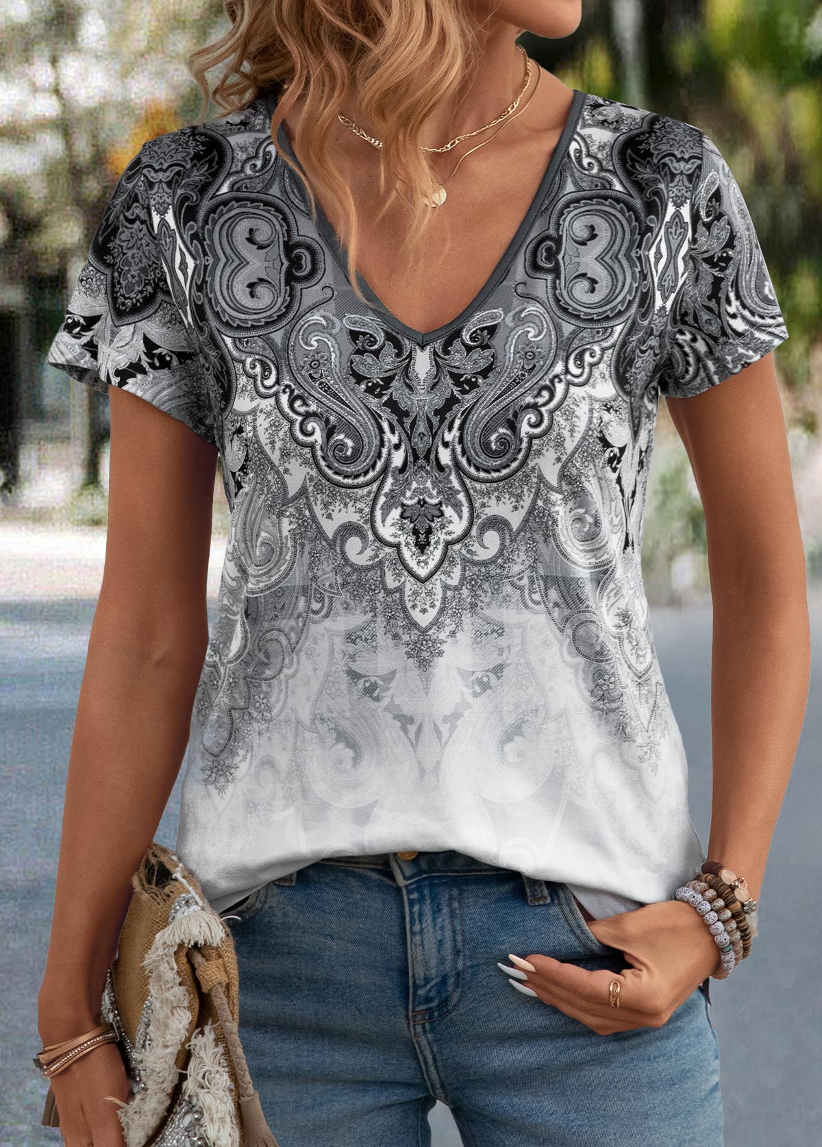 Grey Tribal Print Short Sleeve V Neck T Shirt