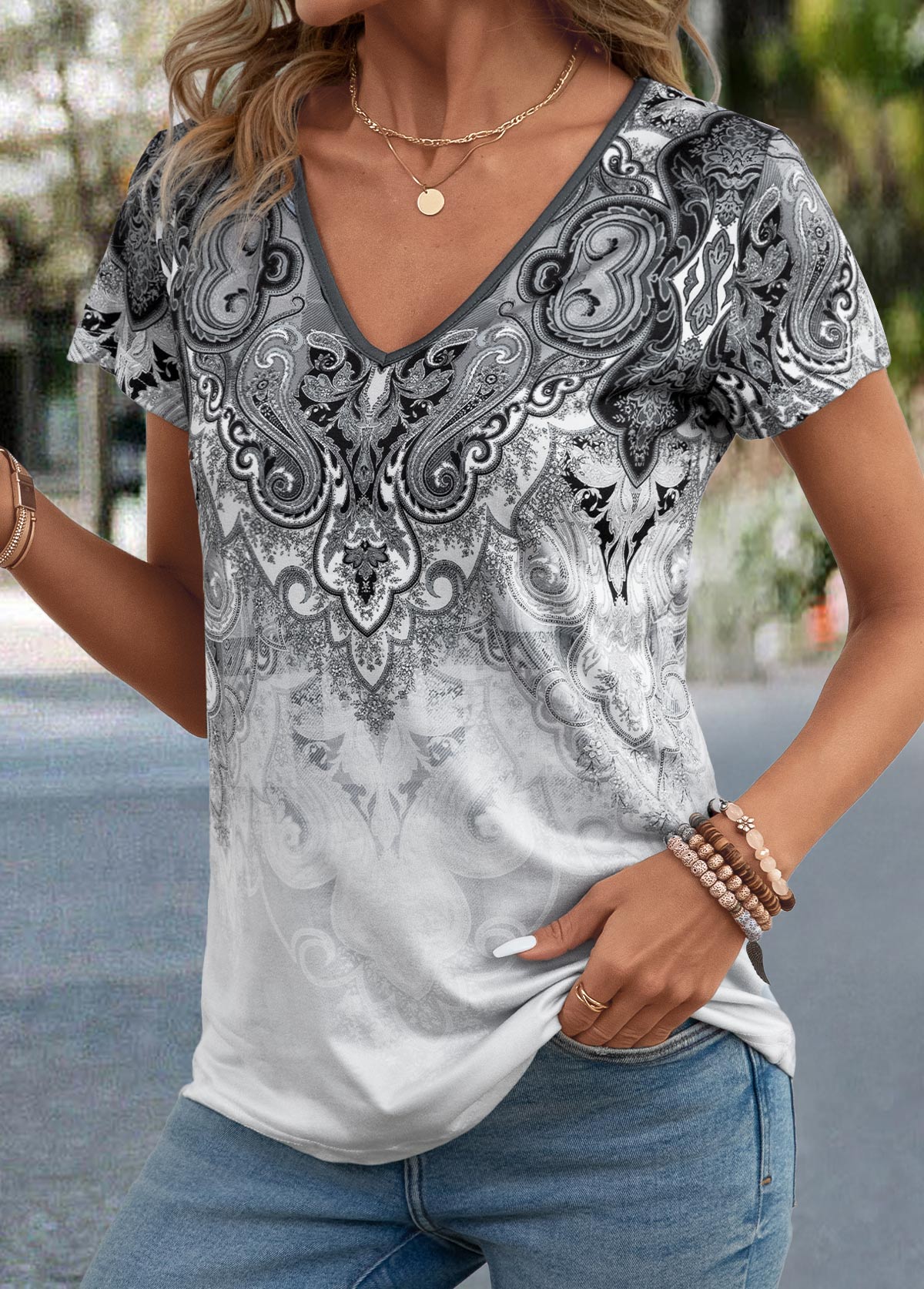 Grey Tribal Print Short Sleeve V Neck T Shirt